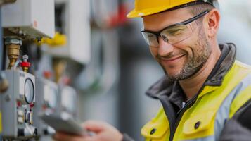 Smiling Technician Performing Maintenance on Gas Meters in Outdoor Setting photo
