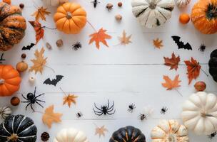 Autumn Halloween Decoration With Pumpkins, Bats, and Spiders On White Background photo