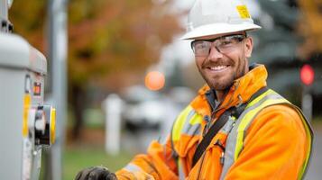 Smiling Technician Performing Maintenance on Gas Meters in Outdoor Setting photo