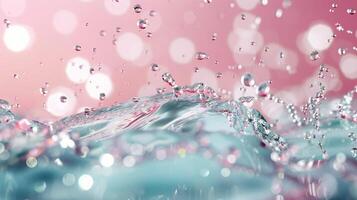 Raindrops Splashing on a Calm Surface With a Soft Pink Background photo