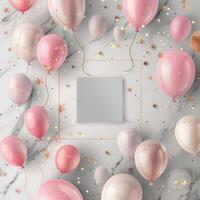 Celebration Background With Colorful Balloons and Empty Square Frame photo