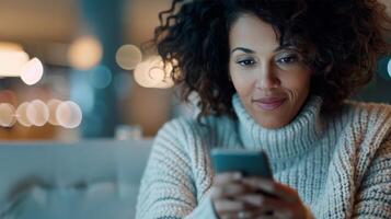 Woman Engaged With Smartphone in Cozy Evening Setting photo