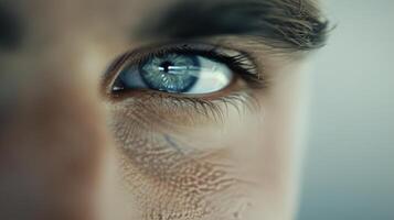 Close-Up of a Human Eye With Striking Blue Iris and Detailed Texture in Natural Light photo