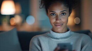 Woman Engaged With Smartphone in Cozy Evening Setting photo