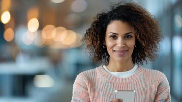 Woman Engaged With Smartphone in Cozy Evening Setting photo