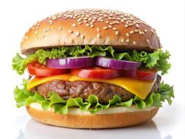 Fresh juicy hamburger with beef meat, grilled cheeseburger with onion and tomato, classic american fast food burger burger with tomateoes lettuce and pickles on a wooden plate. photo