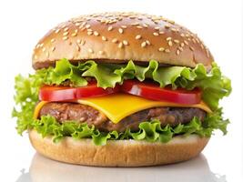 Fresh juicy hamburger with beef meat, grilled cheeseburger with onion and tomato, classic american fast food burger burger with tomateoes lettuce and pickles on a wooden plate. photo