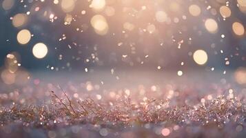 a field of snow and grass with lights shining photo