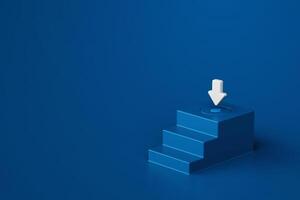 Minimalistic blue staircase leading to platform with button and white arrow pointing towards it, symbolizing action or step by step process, 3d rendering photo