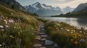 A stone path winds through a meadow of flowers, leading towards a mountain range and a lake photo