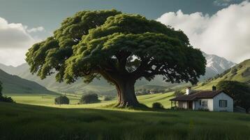 A lush green landscape with a big tree in the foreground photo