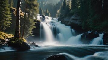 A waterfall cascading into a river, surrounded by trees and rocks photo