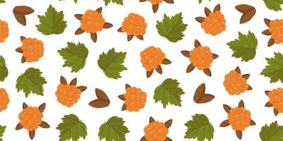 seamless pattern with leaves and cloudberry berries. Autumn repeating pattern with an orange berry. Botanical drawing in a horizontal form. Image for wallpaper, packaging and postcards. vector