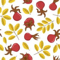 seamless pattern with yellow leaves and red berries. Autumn repeating pattern with Rosehip berry. Image for wallpaper, packaging and postcards. vector