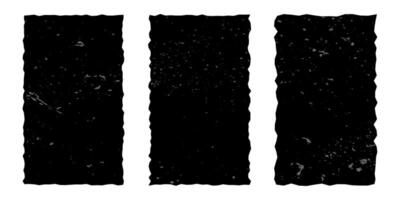 Set of vertical black frames made of torn paper with vintage gritty texture, rectangles with jagged edges isolated on white background. Old ripped paper, silhouettes. vector