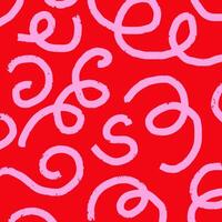Playful hand drawn pattern, curved pink squiggles. Chaotic ink textured lines on red background, doodle swirls, wavy strokes, crosshatch. Sketch illustration. vector