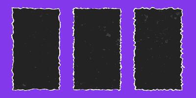 Set of vertical black rectangular frames made of torn paper with vintage gritty texture, elements with jagged edges isolated on purple background. Old ripped paper. vector