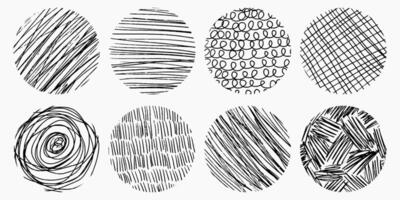 Set of circles with different pencil hatching on white background. Doodle hand drawn elements, spirals, crosshatch, lines, scratches. vector