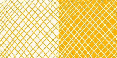 Set of two hand drawn square checkered patterns, chaotic textured crosshatch on yellow and beige. Pastel colors, pencil textured lines, sketch. vector