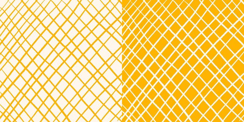 Set of two hand drawn square checkered patterns, chaotic textured crosshatch on yellow and beige. Pastel colors, pencil textured lines, sketch.