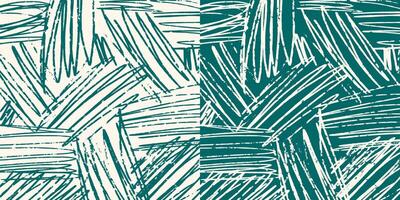 Set of two hand drawn square patterns, chaotic textured crosshatch on green and beige background. Pastel colors, pencil textured lines, sketch. vector