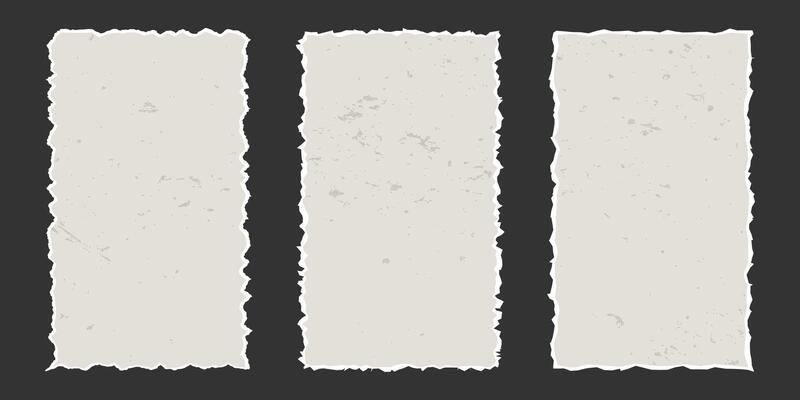 Set of vertical vintage torn rectangular sheets of aged paper with jagged edges. Torn elements with texture. Empty space for text, banner template.