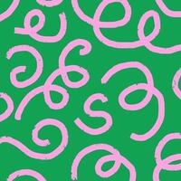 Playful hand drawn pattern, curved pink squiggles. Chaotic ink textured lines on green background, doodle swirls, wavy strokes, crosshatch. Sketch illustration. vector