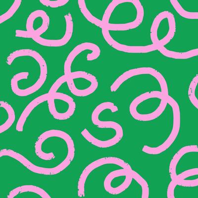 Playful hand drawn pattern, curved pink squiggles. Chaotic ink textured lines on green background, doodle swirls, wavy strokes, crosshatch. Sketch illustration.