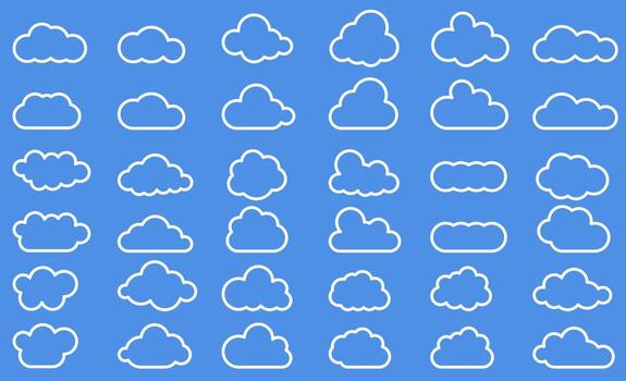 Clouds in the sky thin line. Abstract white set of clouds isolated on a blue background. vector