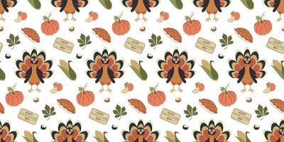 Seamless pattern with turkey, pumpkin, Carrots. Texture for fabric, wallpaper, apparel, wrapping. Happy Thanksgiving Day Illustration with Autumn Celebration isolated Elements for Banner. vector