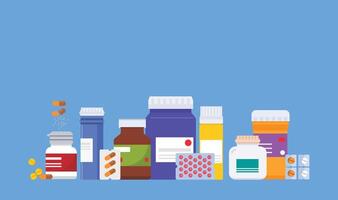 various kinds of supplements in various variants. Health treatment, vitamins, and muscle building in the form of pills, capsules vector