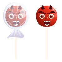 Halloween candy in form of devil. Scary evil cartoon demon lollipop isolated on white. Poster, banner, card design element. vector