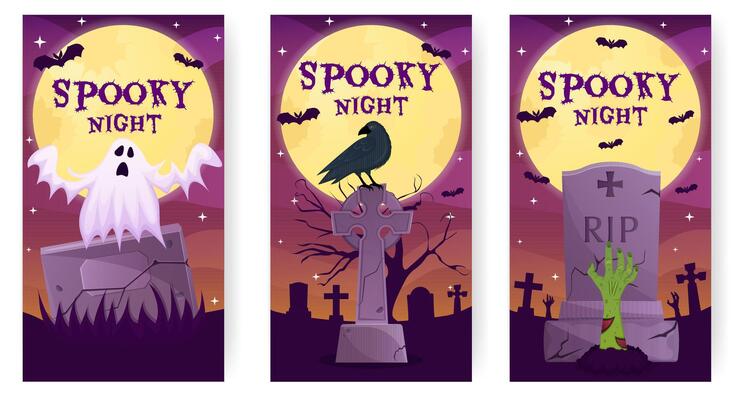 Halloween party stories template. Spooky night vertical poster, banner set with tombstone, ghost, raven, zombie hand.