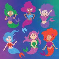 Cute cartoon illustration of colorful mermaids. Beautiful fun fantasy girl characters swimming underwater. Hair floating. Flat colors vector