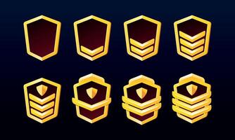 Gold player game ranks. Rank evolution design. Game rank icon. Progress in fantasy app for rating army experience vector
