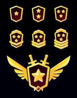 A set of cool game titles and ranks. High ranks with stars. Progress in fantasy app for rating army experience vector