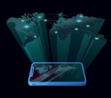 A hologram of the world map is broadcast from the phone. World map projection with marked locations vector