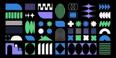 Abstract retro shapes, frames and symbols, basic brutal forms and figures in Y2K aesthetics, vintage stickers, logos, labels. Decorative design elements, illustration. vector
