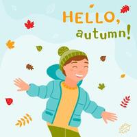 Hello, autumn. A happy boy in warm clothes is playing with autumn leaves. Leaf fall. vector