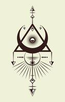 mysterious magical crescent moon sacred geometrical figure of a circle inscribed in a triangle, logo tattoo mythological symbol in boho style. Wiccan witches protective symbols background vector