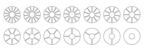 Circle division on equal parts. Wheel round divided diagrams with segments. Coaching blank. Set of infographic. Section graph line art. Pie, pizza chart icons. Outline donut charts. vector