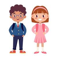 A boy and a girl are standing next to each other. The boy is wearing glasses and a blue jacket, while the girl is wearing a pink dress and a pink backpack. They both have smiles on their faces vector