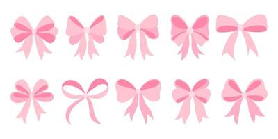 A set of pink bows are shown in various positions and orientations. The bows are all different sizes and shapes, but they all have a similar pink color. Scene is playful and whimsical vector