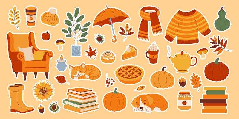A collection of fall-themed stickers, including a cat sleeping, a pumpkin, a chair, a book, and a cup of coffee