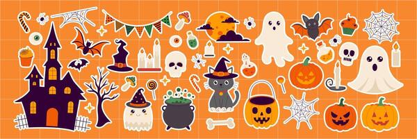Halloween stickers with a variety of spooky and cute characters. The stickers include a pumpkin, a cat, a witch, a ghost, a bat, a skeleton, and a pumpkin with a scary face vector