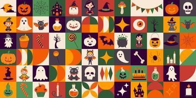 A colorful image of Halloween characters and objects, including pumpkins, witches, ghosts, and skeletons. Geometric pattern vector