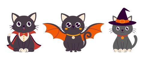 A black cat with orange wings is sitting on a white background. The cat has a collar and is looking at the camera vector
