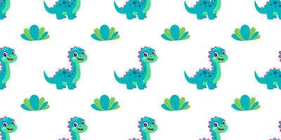 A pattern of blue and green dinosaurs on a white background. The dinosaurs are smiling and appear to be happy vector