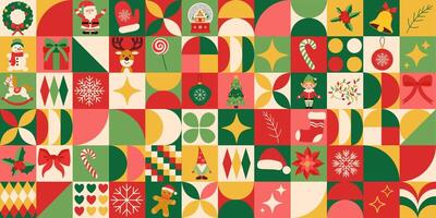 A colorful Christmas scene with a variety of decorations including a Santa Claus, reindeer, and a candy cane. Geometric pattern vector