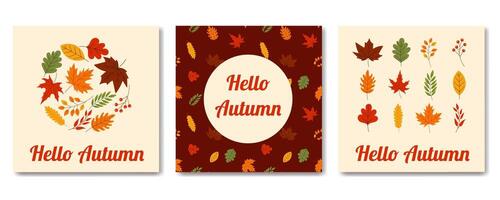 Three postcards with autumn leaves and the words Hello Autumn on them vector